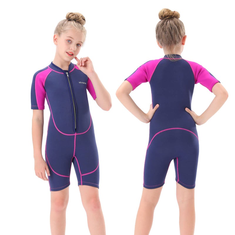 Seaskin Kids Wetsuit for Girls Toddlers, 2mm Front Zipper Shorty Wetsuits, Neoprene Thermal Swimsuits for Diving Surfing Swim Lessons Size 4 - Image 1